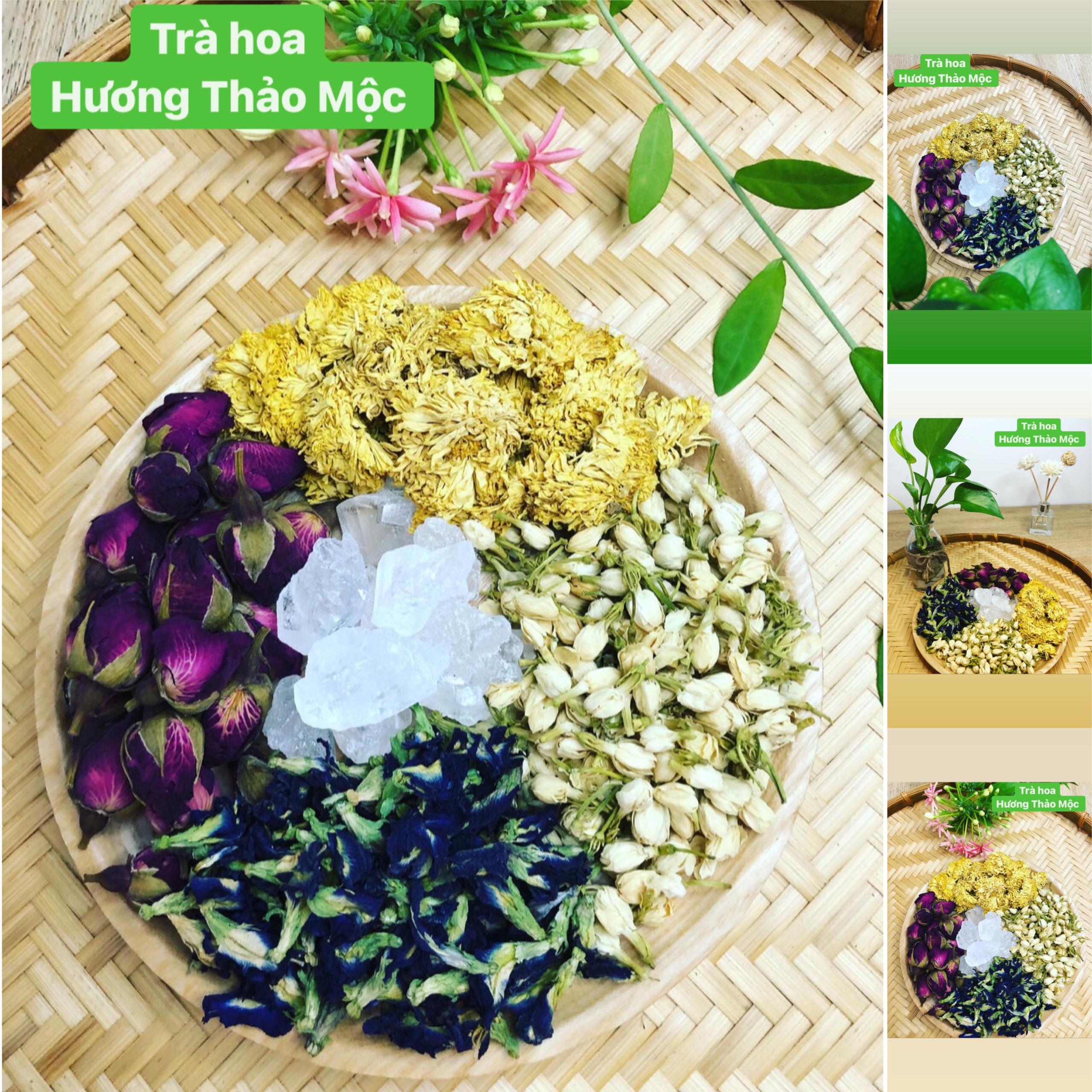 Set Trà Tứ Hoa (Hoàng cúc - Nụ hồng - Đậu biếc - Nụ Nhài) - Trà Hoa Natural Thảo Mộc