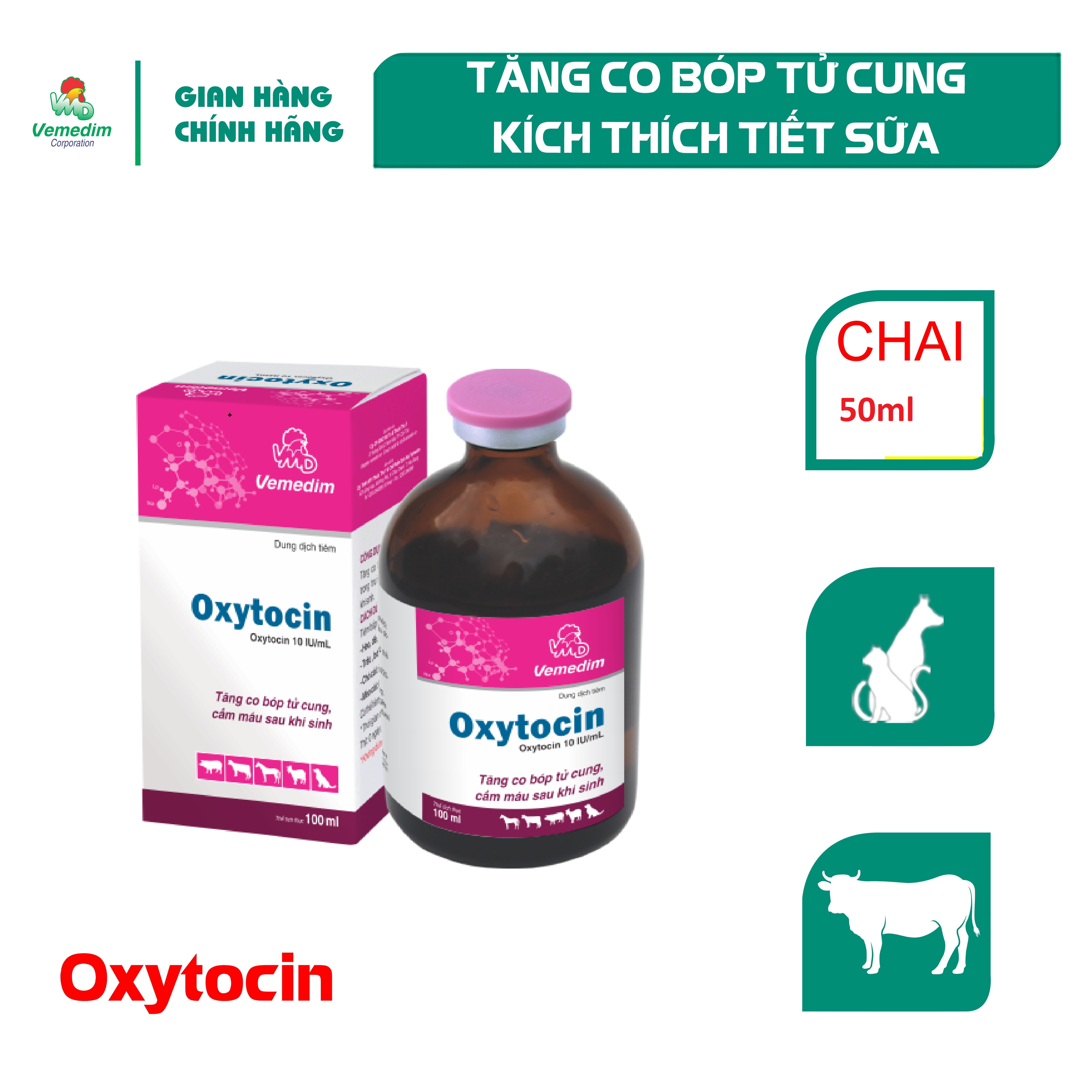 "Hoàn tiền đến 10%" Vemedim Oxytocin Tăng co bóp tử cung, kích thích tiết sữa cho chó mèo, gia súc, chai 50ml