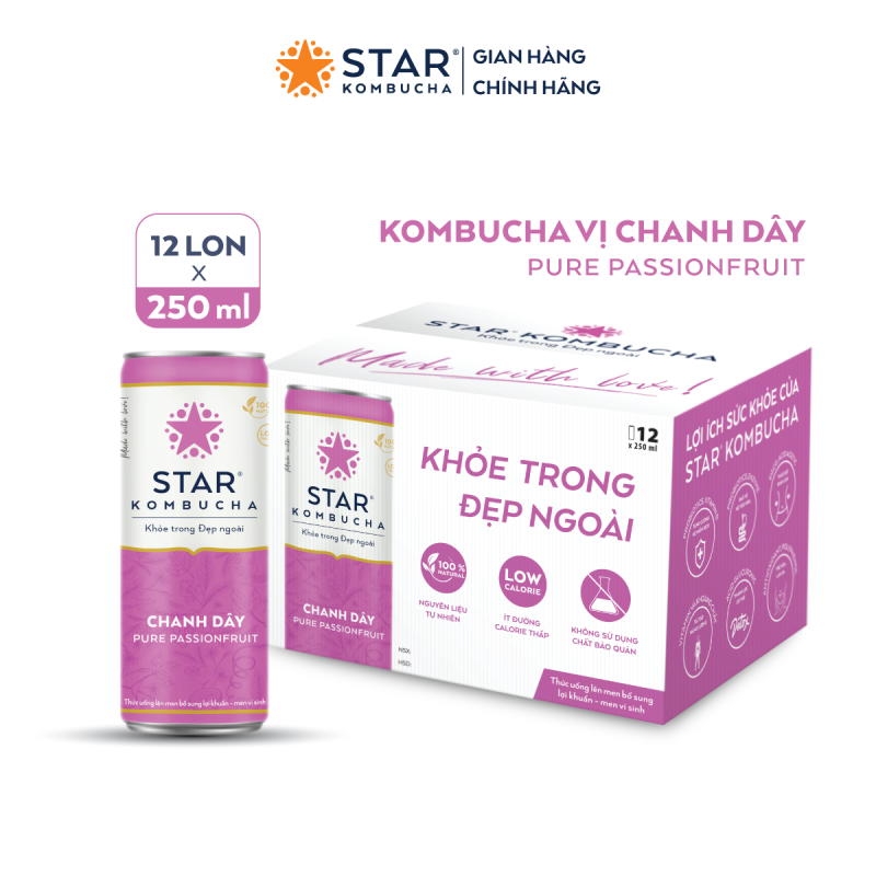 Thùng 12 lon trà STAR KOMBUCHA Chanh Dây / Pure Passionfruit (250ml/lon) - Trà lên men vi sinh chứa probiotics giúp bảo vệ sức khoẻ, thanh lọc toàn diện, tăng đề kháng dùng cho mọi lứa tuổi, Chứng Nhận FDA tiêu chuẩn Mỹ