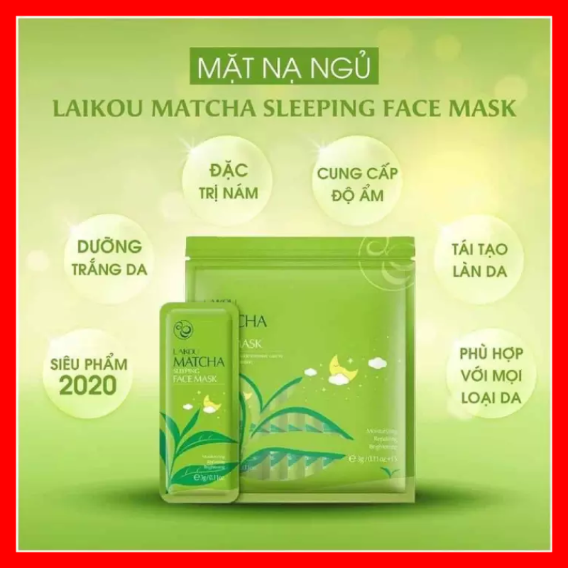 1 Bịch gồm 15 gói mặt nạ ngủ Matcha Mud Mask Laikou dưỡng da mụn cấp ẩm thải độc trà xanh