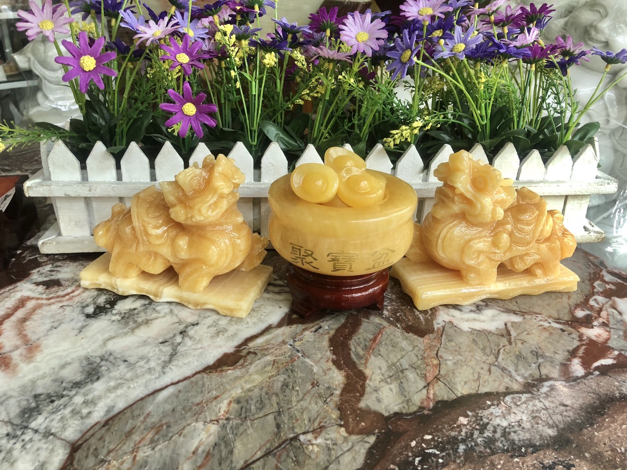 Bộ combo Tỳ Hưu dài 13cm và Bát tụ bảo, bát tụ tài, bát tụ lộc, bát vàng phong thủy đường kính 10cm chiêu nạp tài lộc