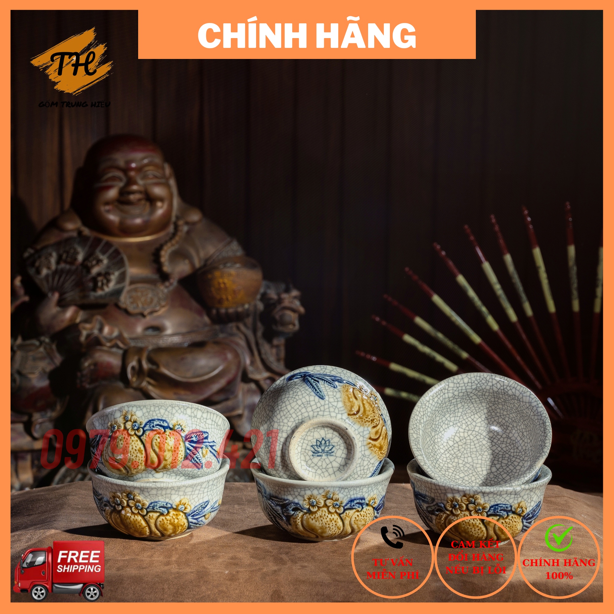 Freeship - bát thờ, bát cúng bát tràng men rạn đắp nổi cao cấp - gốm sứ bát tràng trung hiếu