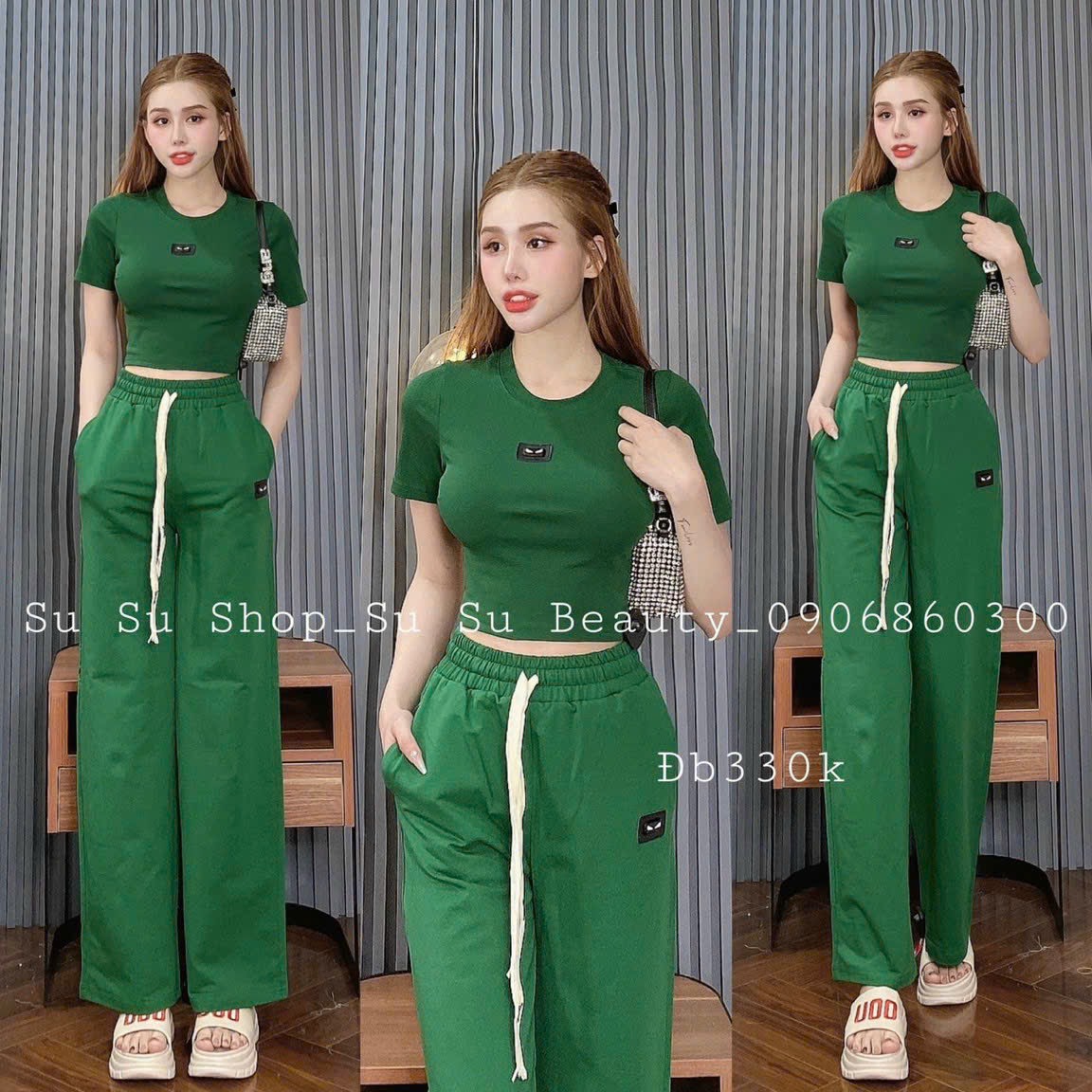 Sét bộ nữ thời trang mặc đi chơi chất thun gân áo croptop cổ tròn tay ngắn mix quần dài ống suông lưng cạp chun thắt dây cao cấp