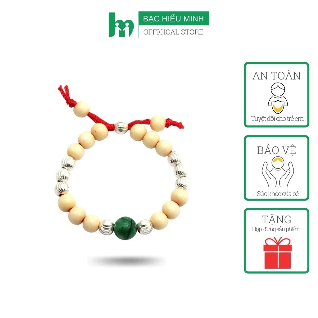 Lắc Tay Lắc Chân Trẻ Em Bạc Hiểu Minh LTE050 Vòng Dâu Tằm Bi Bạc Phay Đá Xanh Bảo Hành Vĩnh Viễn