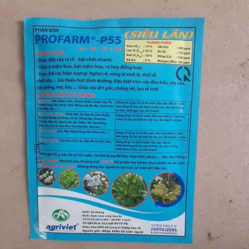 PHÂN BÓN SIÊU LÂN 10-55-10 PROFARM P55 GÓI 25G