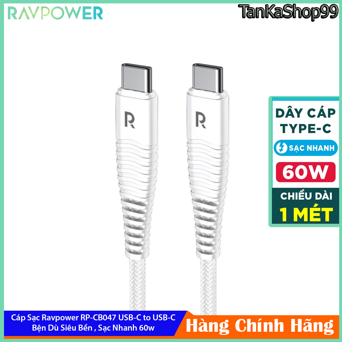 Dây Cáp Sạc Nhanh USB Type-C to Type-C RAVPower 1m RP-CB047