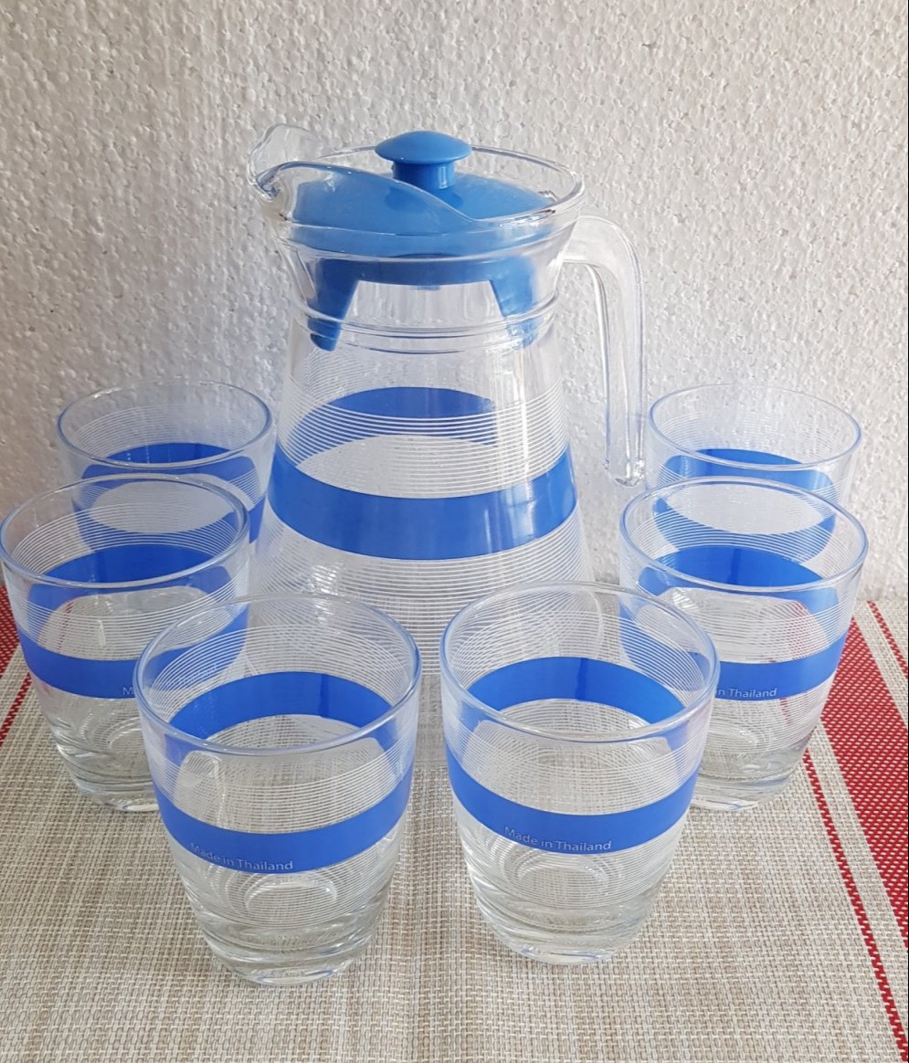 BỘ BÌNH LY THỦY TINH THÁI LAN (1 BÌNH VÀ 6 LY SỌC XANH)