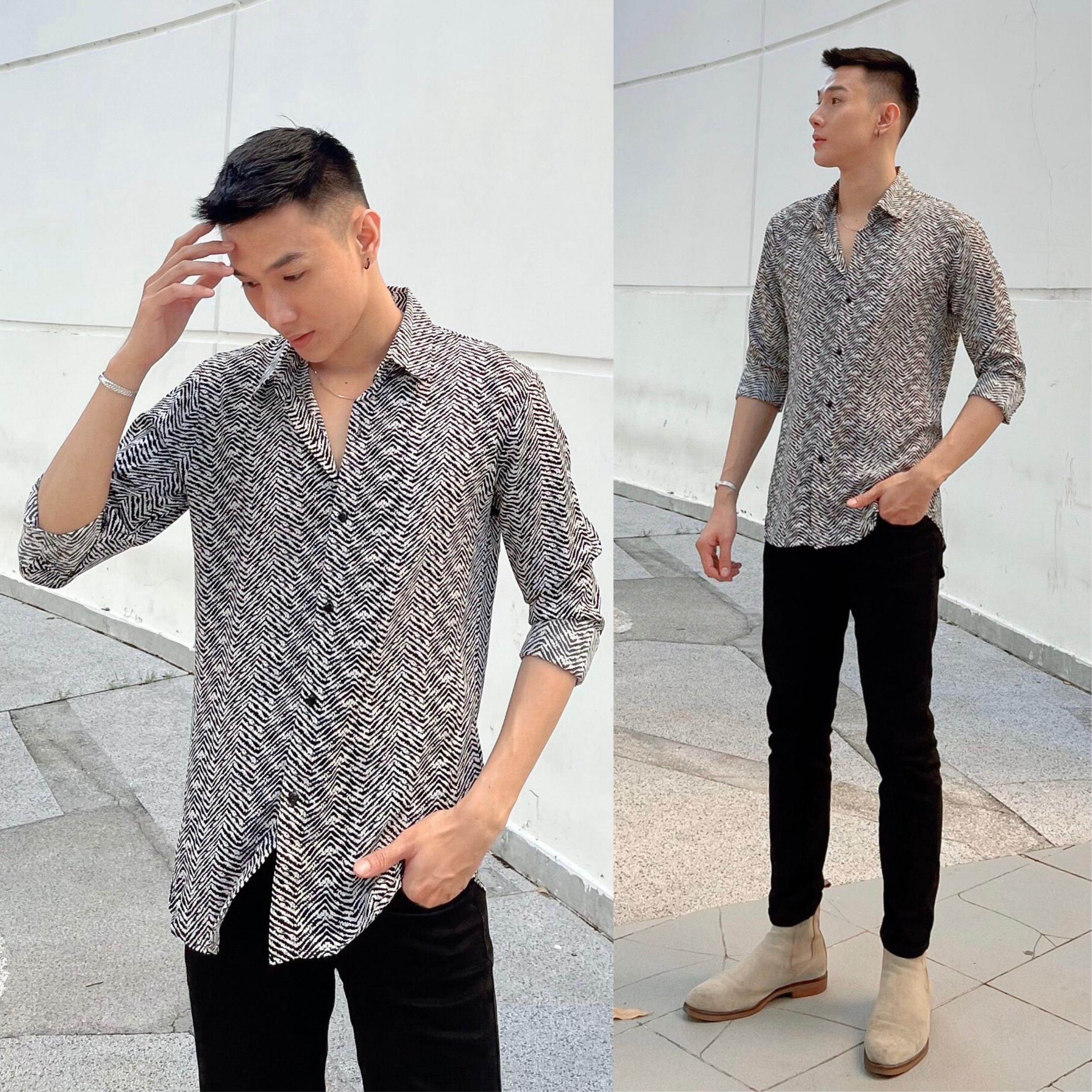 Áo sơ mi lụa nam dài tay họa tiết form rộng S5