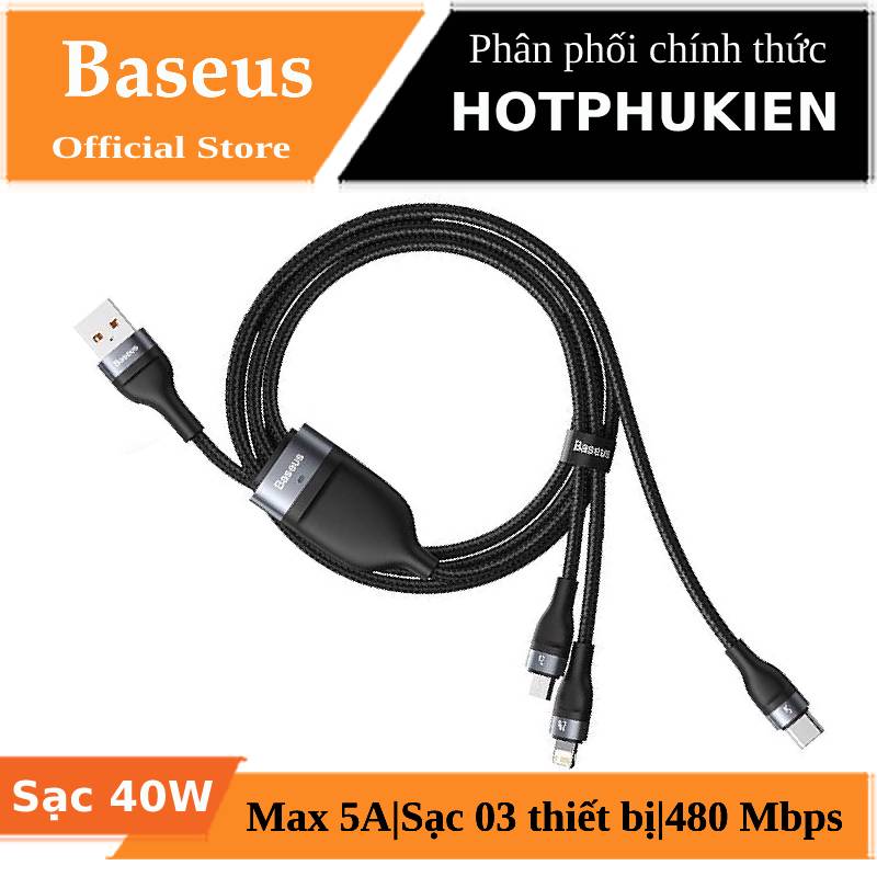 Dây cáp sạc nhanh 66W 5A 3 in 1 lightning / type c / micro usb hiệu Baseus Flash Series sạc nhanh 5A / 66W, sạc & truyền dữ liệu cùng lúc 3 thiết bị,  trang bị đèn LED  (Bảo hành 03 tháng 1 đổi 1) - Phân phối bởi Hotpukien
