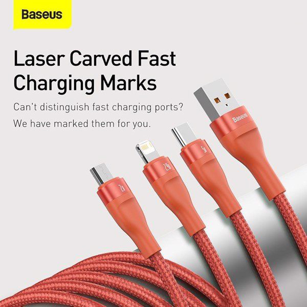 Cáp sạc nhanh 3 đầu Baseus Flash Series 3 in 1 - 40W (USB to Type-C/ Lightning/ Micro, 5A/40W Quick Charging & Data Cable)