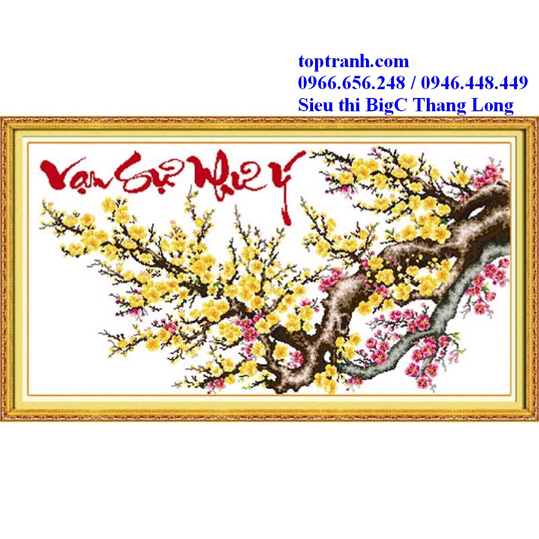 Tranh thêu chữ thập cành mai vàng vạn sự như ý 222698 chưa thêu