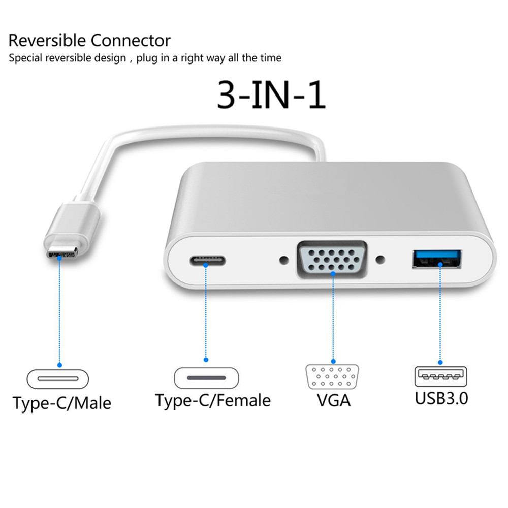 Cáp chuyển đổi USB Type c sang VGA, USB 3.0, USB C ( USB Type c to VGA )
