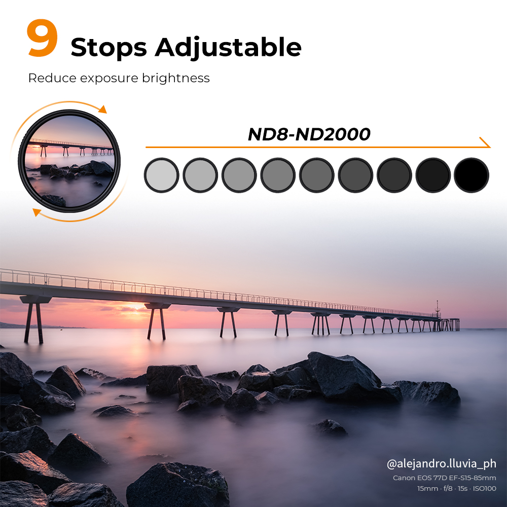 K&F Concept 49/52/55/58/67/72/77/82mm ND8-ND2000 (3-11stop) Variable Neutral Density Lens Filter Waterproof Adjustable ND Lens Filter with 24 Multi-Layer Coatings for Camera Lens
