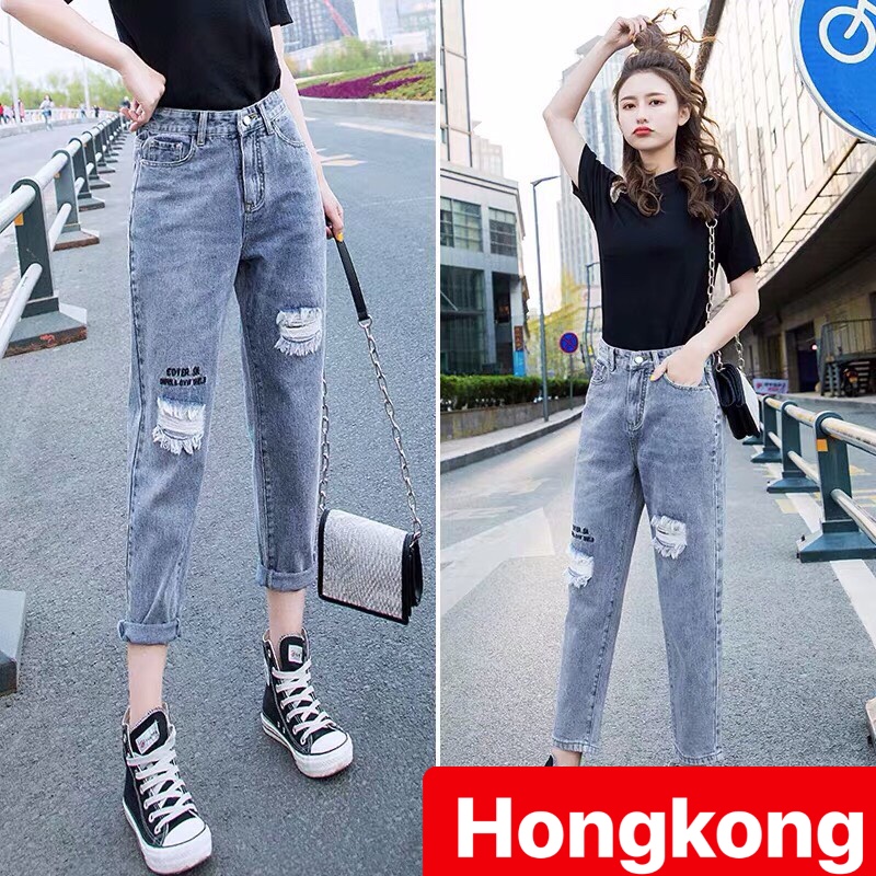 QUẦN JEAN BAGGY NỮ CHẤT BÒ XANH RÁCH IN CHỮ HÀN QUỐC LƯNG CAO NÂNG MÔNG DB-3051 - HONG KONG FASHION
