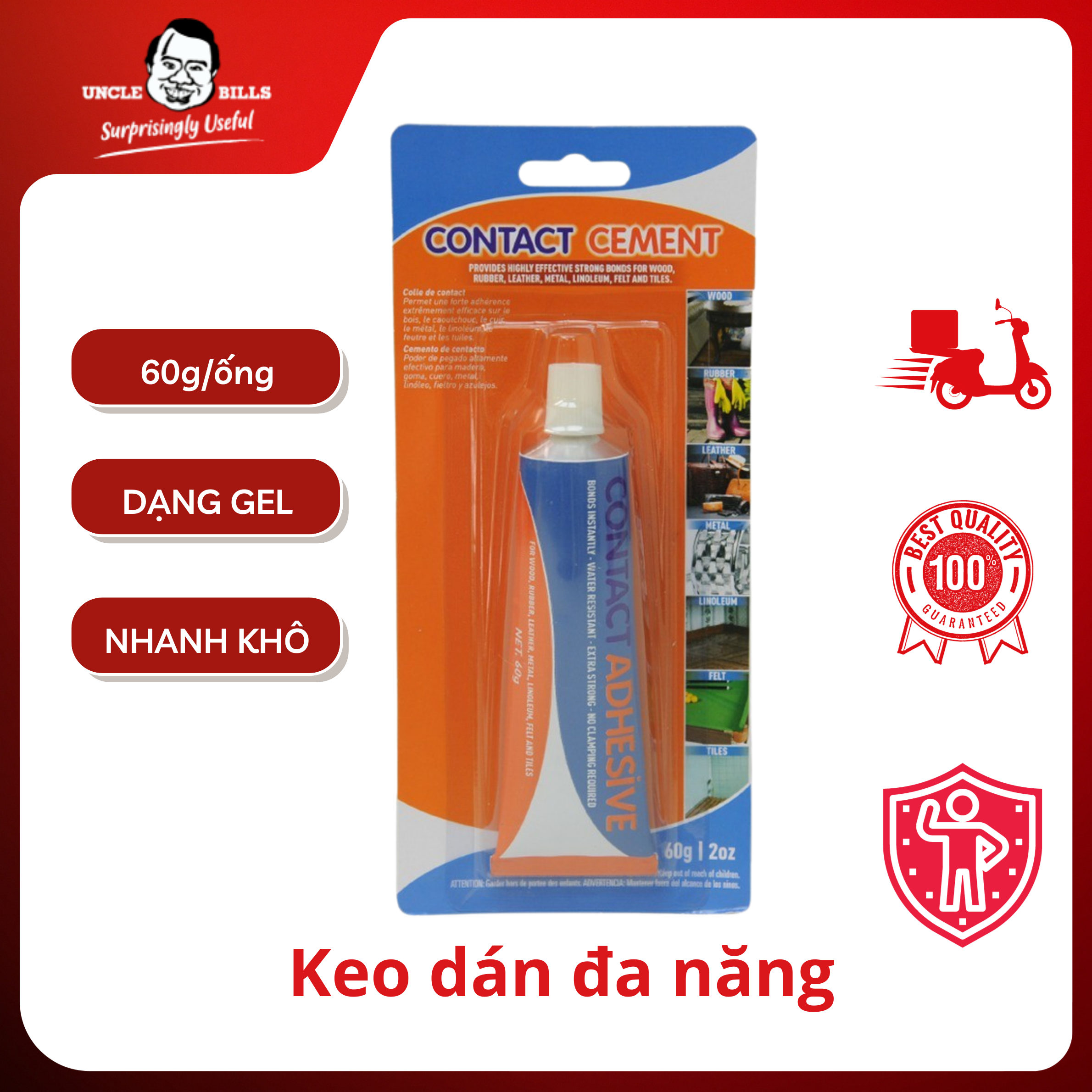 Keo dán đa năng tuýp lớn  60g/tuýp Uncle Bills HY0020 dán dính các bề mặt gỗ, cao su, da lộn, kim loại, kính,…tiện dụng, dễ sử dụng, dính như bê tông