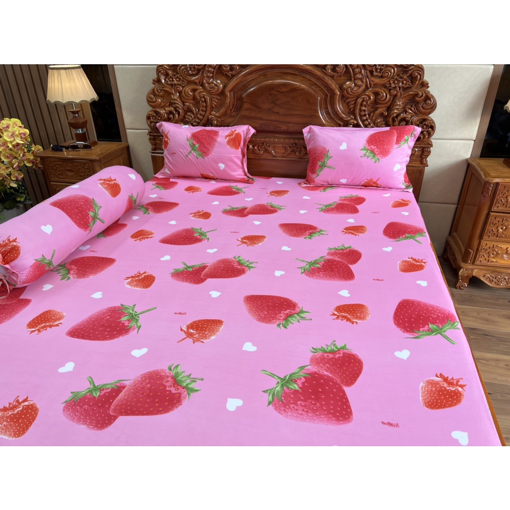Bộ ga gối thun hàn quốc (vải Vạn Phát) mẫu Dâu tây