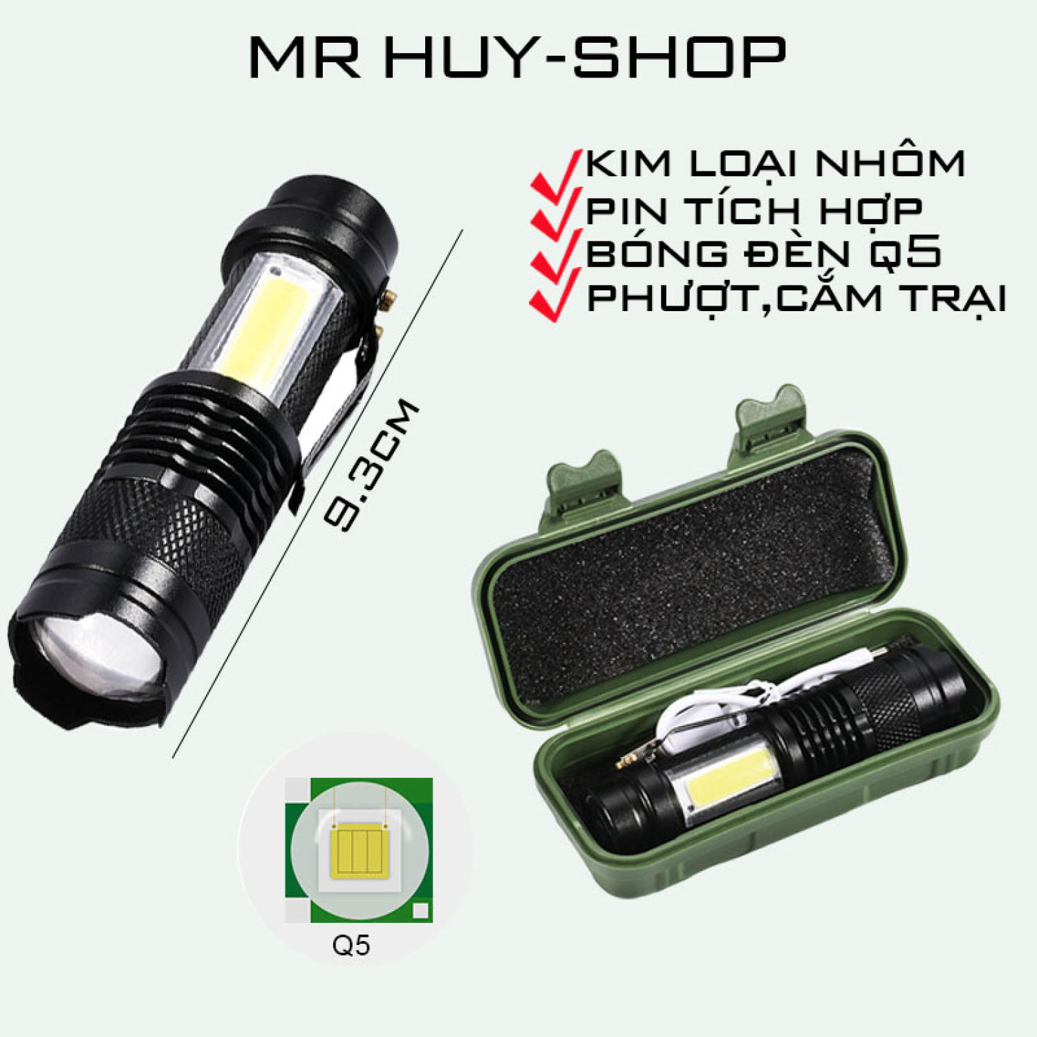 Đèn pin siêu sáng led - q5 , đèn cạnh led cob , sạc usb 5 v pin tích hợp - full hộp nhựa .