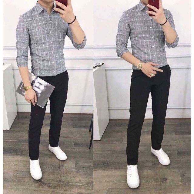 Áo Sơ Mi Xám Kẻ Ca Rô Cao Cấp Phom Chuẩn Vải Mềm