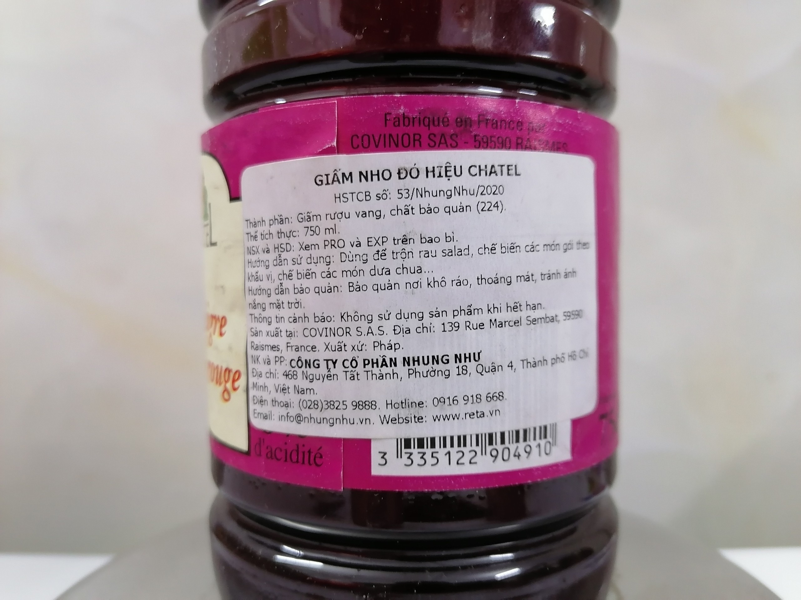 [Chai nhựa 750ml] GIẤM NHO ĐỎ [France] CHATEL Red Vinegar (nhn-hk)