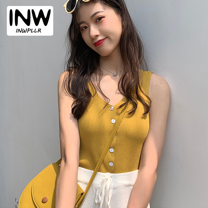 INWPLLR Fashion Trends Knitted Tank Top Women Korean Buttons Multi Colors Sleeveless Tops Summer Casual V-neck Female Camisoles