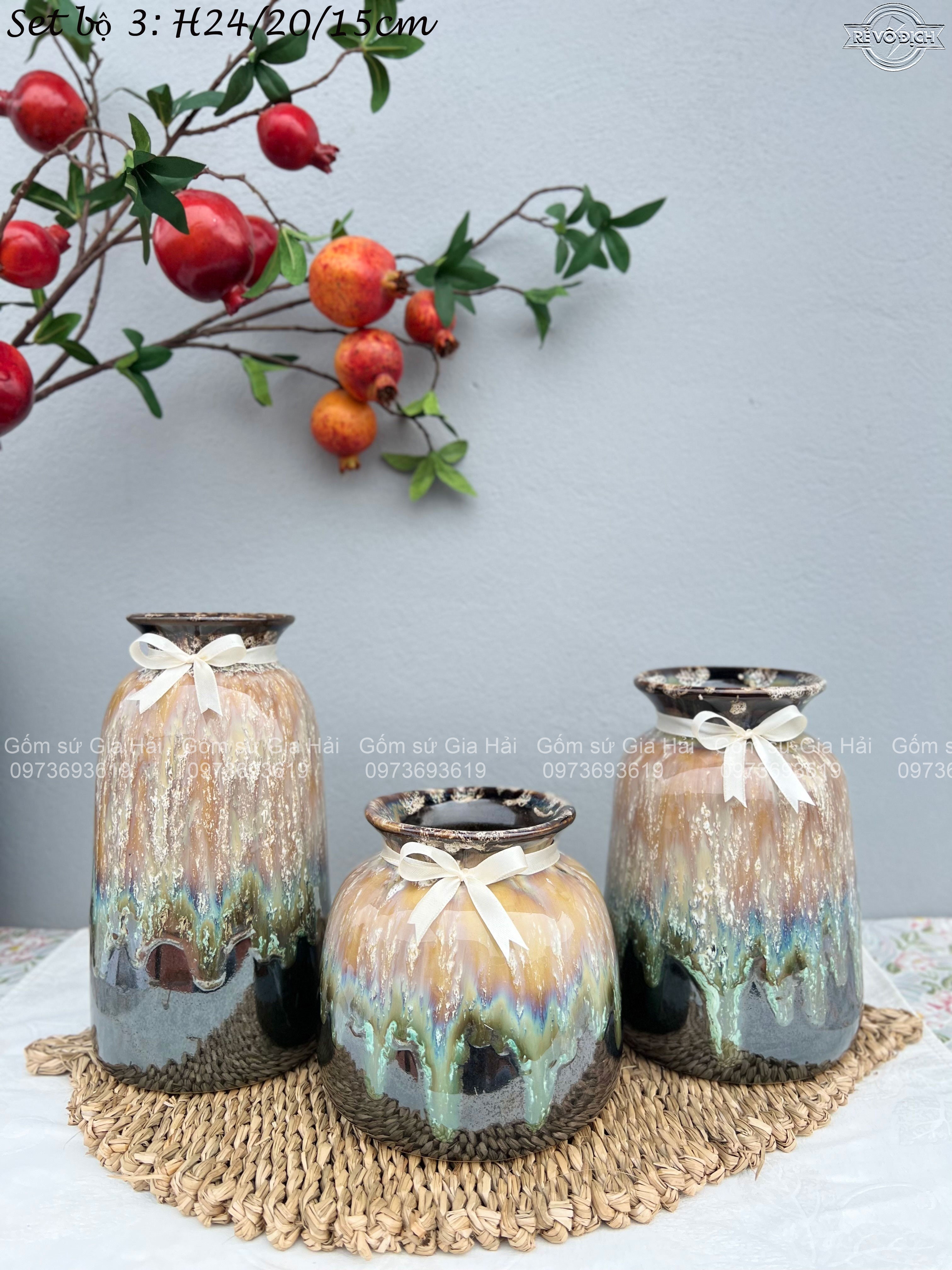 Bộ 3 lọ hoa vẽ tay thủ công gốm Bát tràng