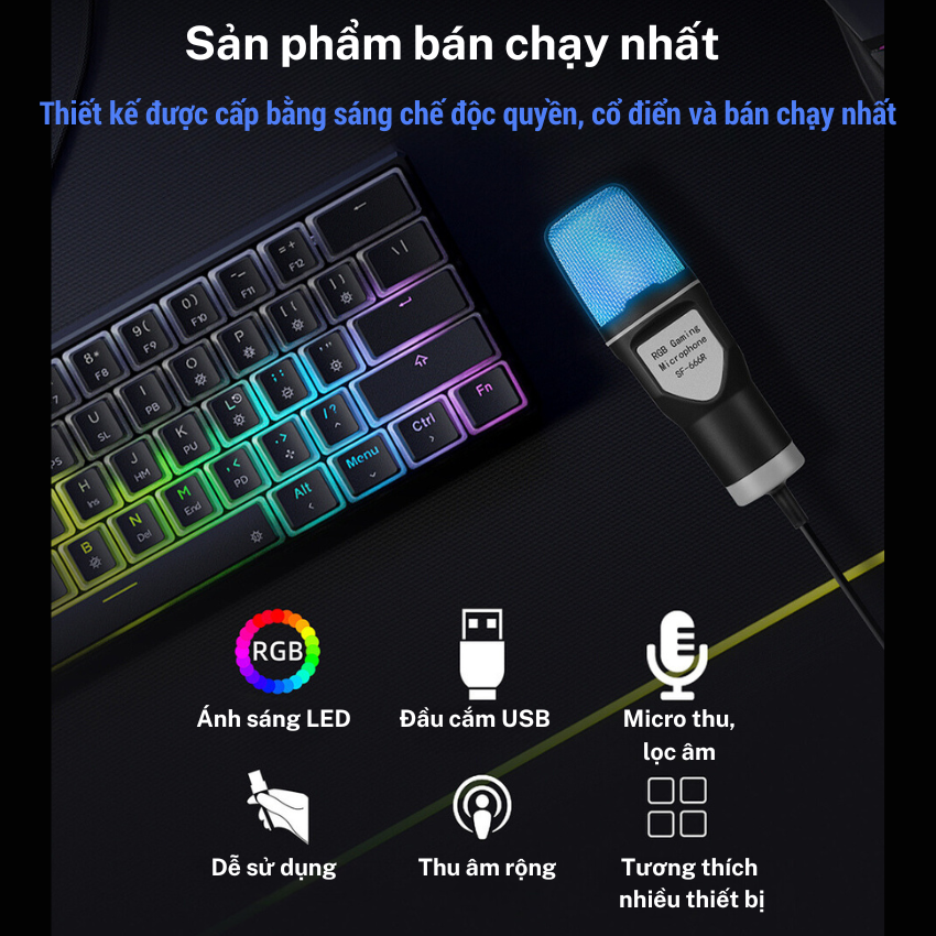 Micro Thu Âm USB, Mic thu âm có dây, Độ Nhạy Cao Tích Hợp Led RGB, Mic Thu Âm Livestream Có Màng Lọc Tạp Âm, Chân Đỡ Để Bàn