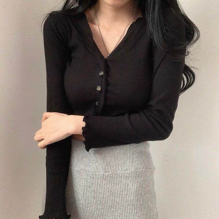 Áo Croptop Nút Viền Bèo Tay Dài