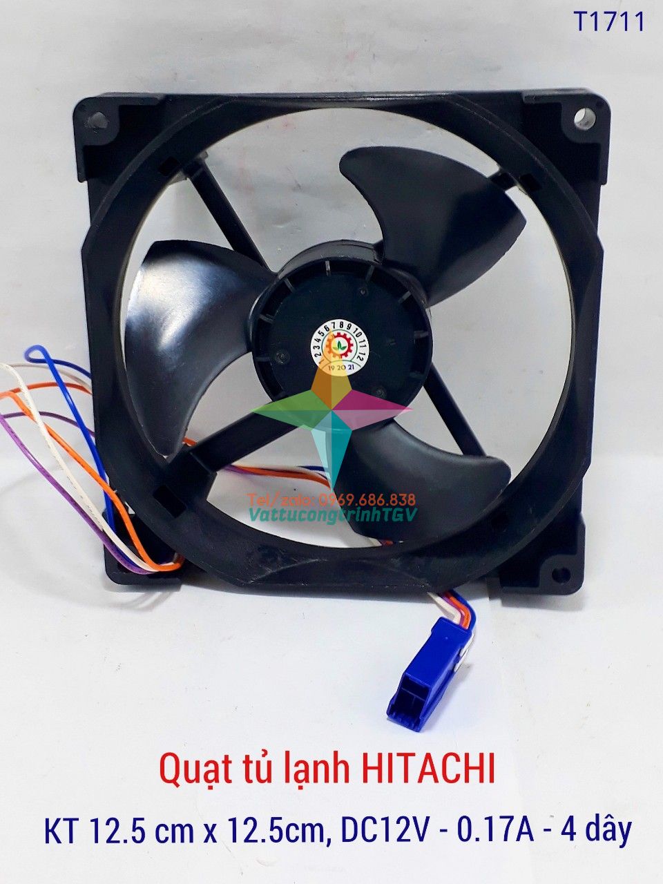 Quạt tủ lạnh 12.5x12.5 cm, NIDEC DC12V-0.17A, 3 cánh, 4 dây cho tủ lạnh HITACHI