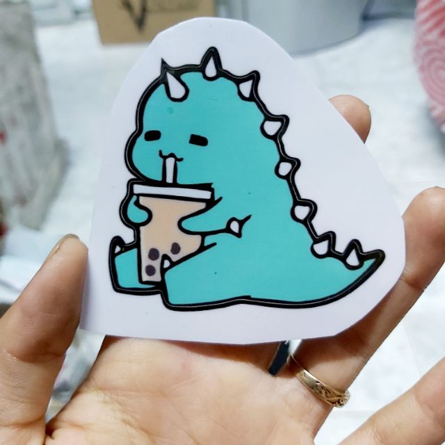 Combo 2 Tem Sticker Decal Khủng Long Uống Trà Sữa Siêu Cute