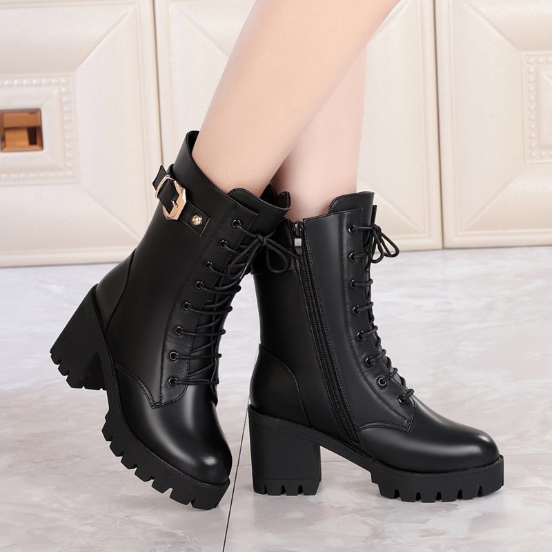 Leather Women Boots High-heeled Wool Keep Warm Women Shoes Large Size 42