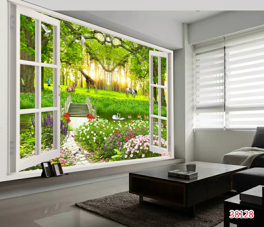 Tranh dán tường 3d cửa sổ phong cảnh thiên nhiên trang trí phòng khách phòng ngủ giá rẻ đẹp chất liệu decal pp keo sẵn bóc dán PA