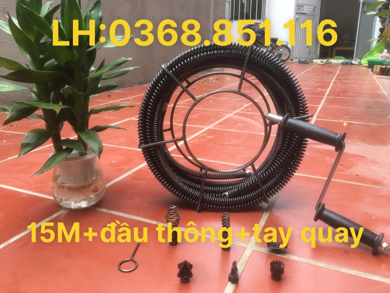 Dây thông cống LÒ XO 15M ( 15M + 6 đầu thông + tay quay....)