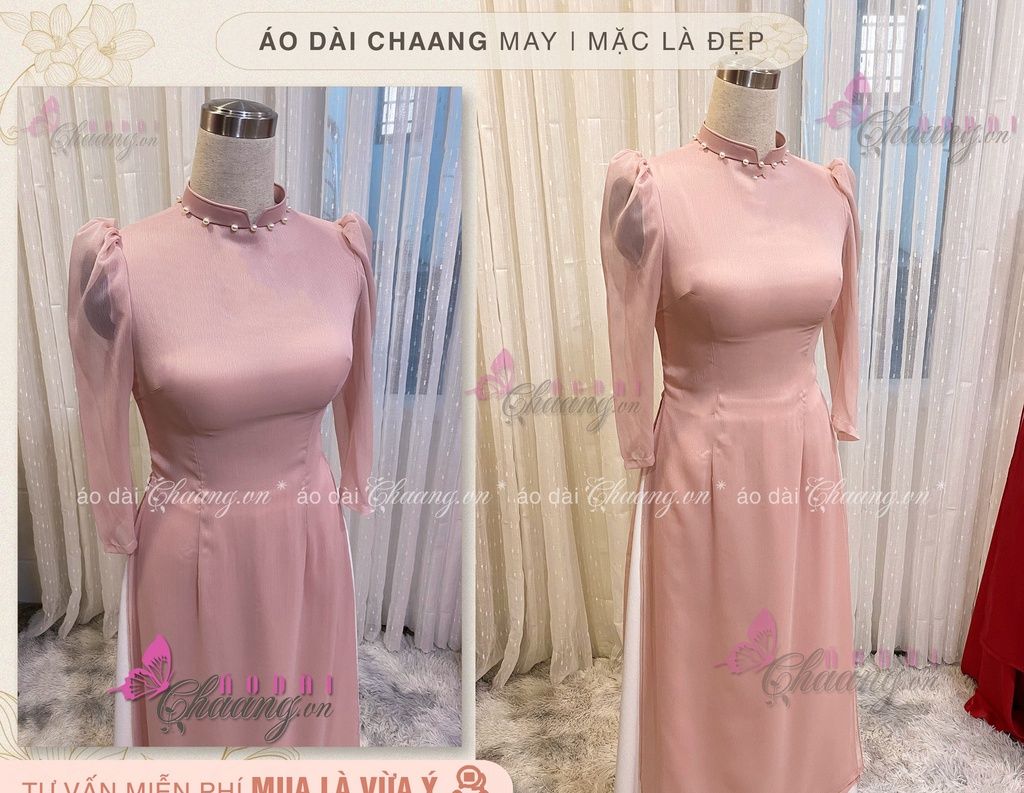 Áo dài cách tân nữ CHAANG May sẵn áo dài 4 tà, vải lua xước đỏ đẹp