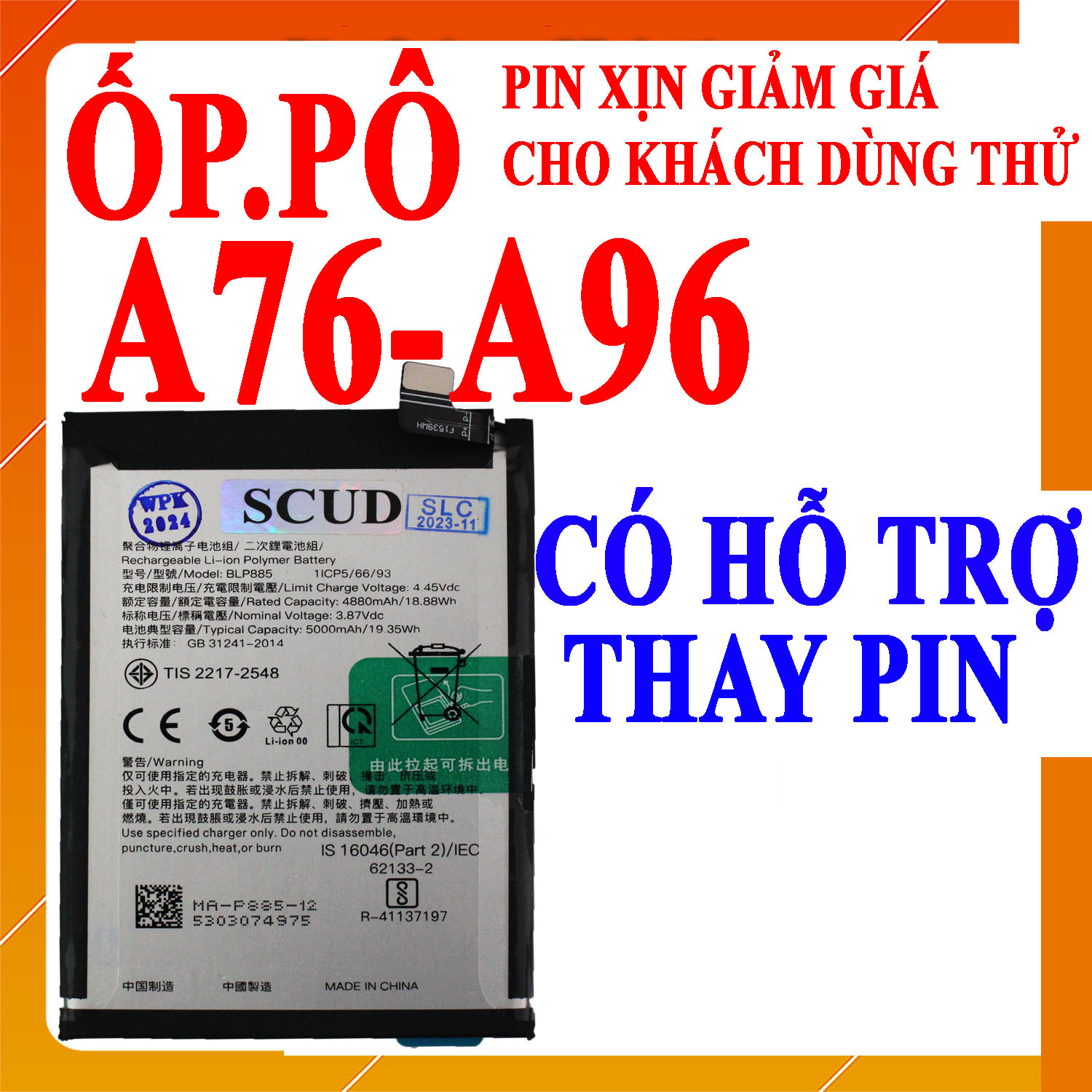 Pin scud cho oppo a57/a57s/a58/a77/a77s/a78/a76/a97 5000mah