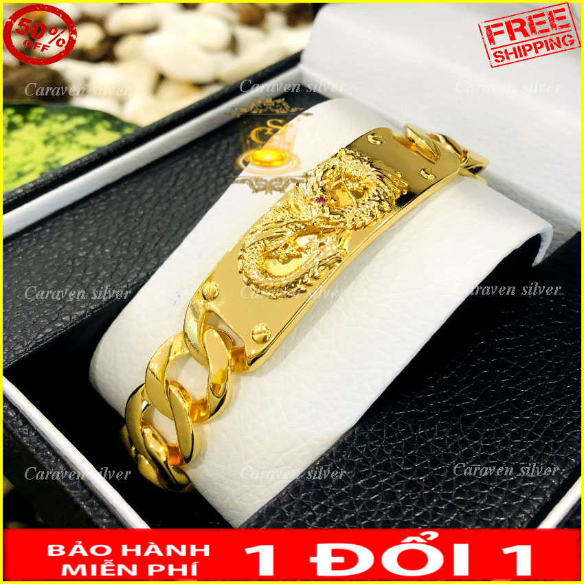 Lắc tay khoen lật mặt vuông trạm rồng nổi mạ vàng 18k - Kích thước 1.5x19cm, công nghệ xi hiện đại, màu vàng tươi như thật, bền màu khó phai - Caraven silver - TH