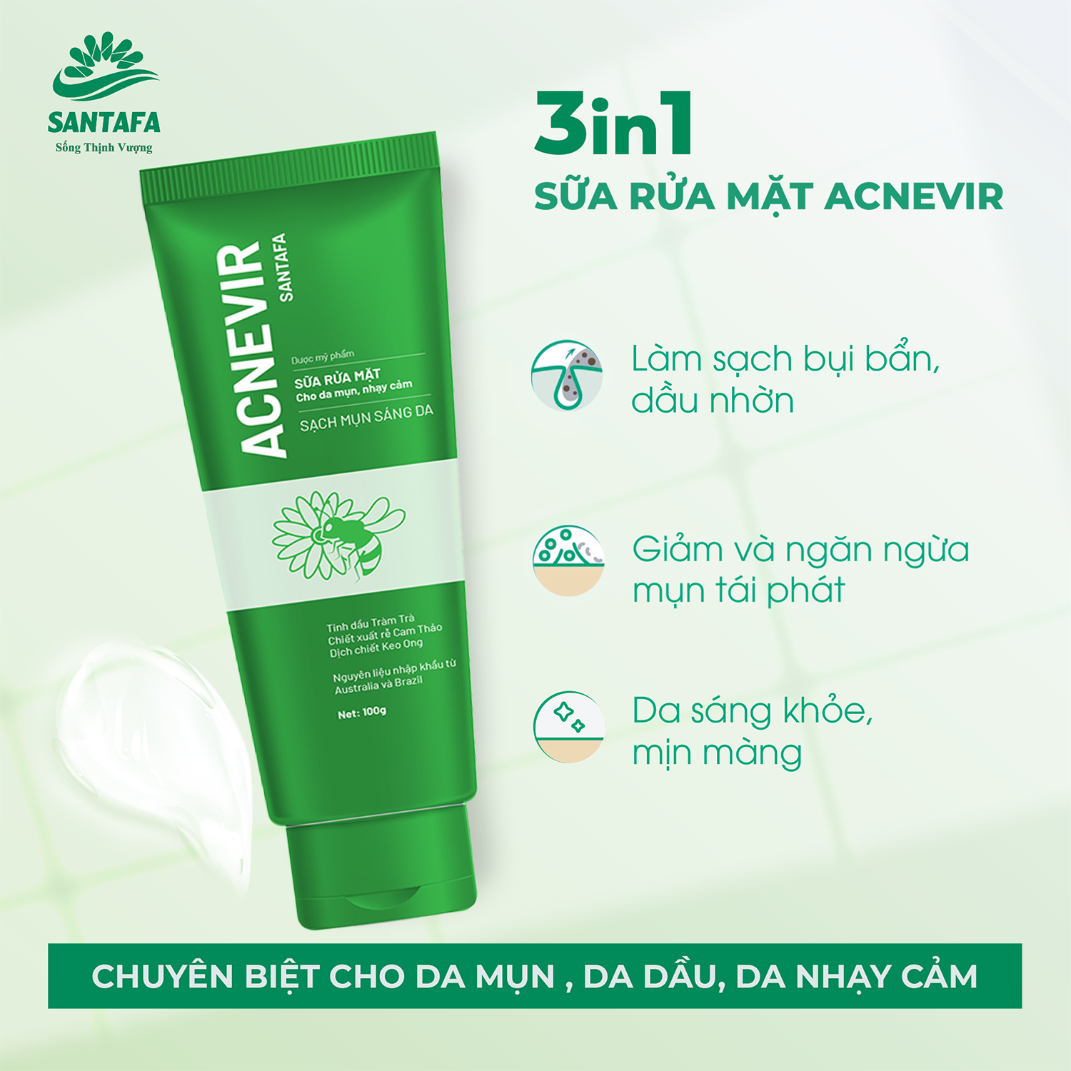 Combo Giảm Mụn Bọc, Mụn Mủ, Mụn Trứng Cá Acnevir Santafa (Sữa Rửa Mặt 100gr Và Tuýp Kem Ngừa Mụn 10gr)