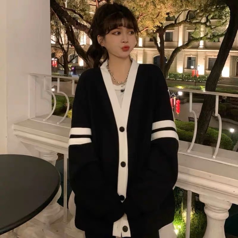 Áo Khoác Cardigan 2 Sọc Tay XÁM ĐEN NÂU Form Rộng Nữ