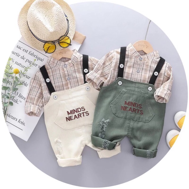 Set Yếm Kaki Kèm Áo Sơ Mi Kẻ Chuẩn Soái Ca Cho Bé