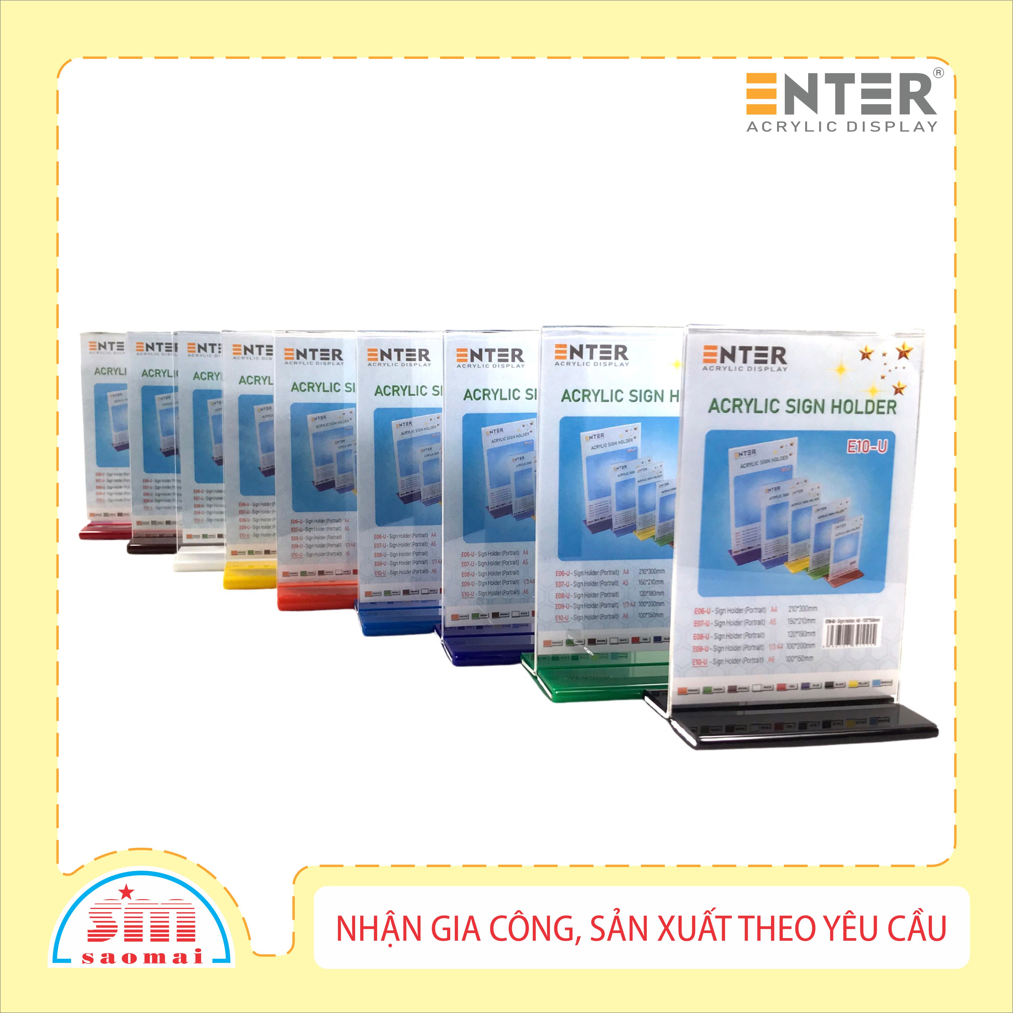 Kệ mica 2 mặt Enter E10-U 100x150mm đế lùa uốn bằng, Kệ menu nhà hàng, Standee mica để bàn, Bảng quét mã QR Code