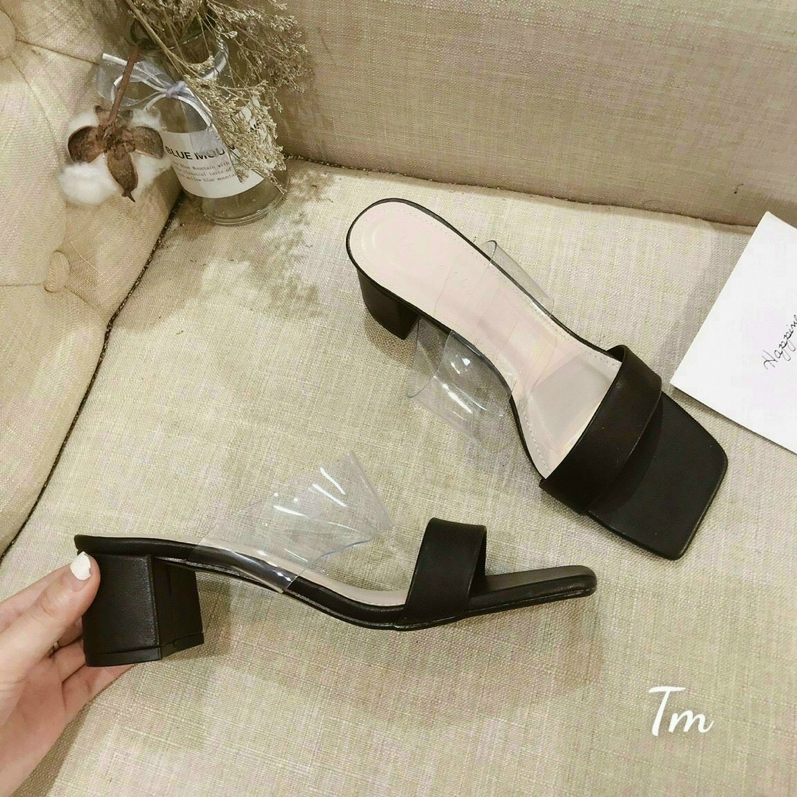 [SenXanh] Guốc da mịn pha mica gót trụ bọc da - 5P