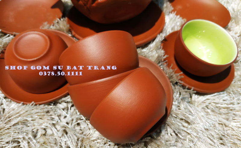Bộ ấm trà gôm Bát Tràng hoa trâm mầu đất đỏ