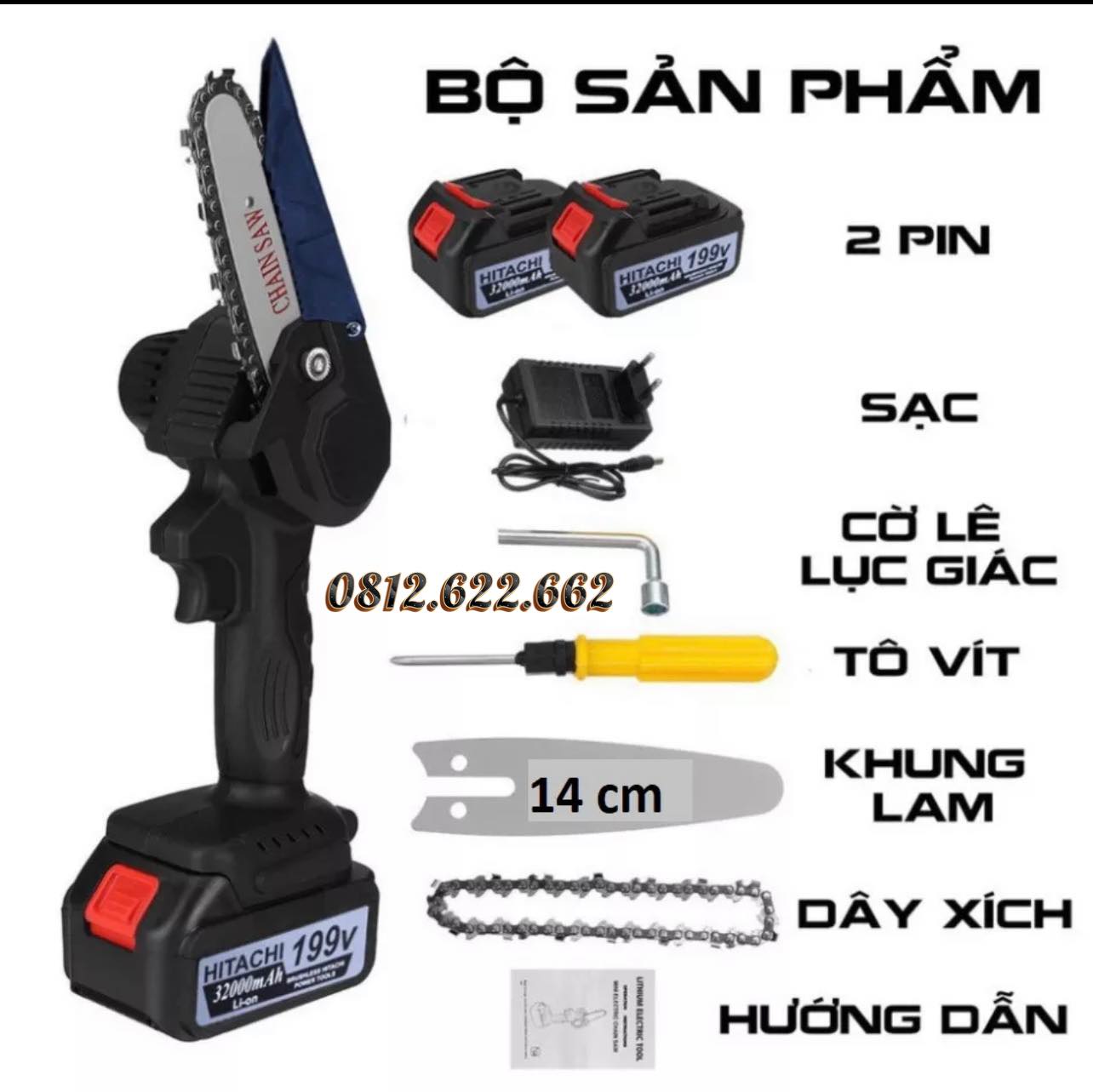 Máy cưa mini dùng pin HITACHI 199V 2 pin siêu khỏe siêu bền- Máy cưa xích cầm tay