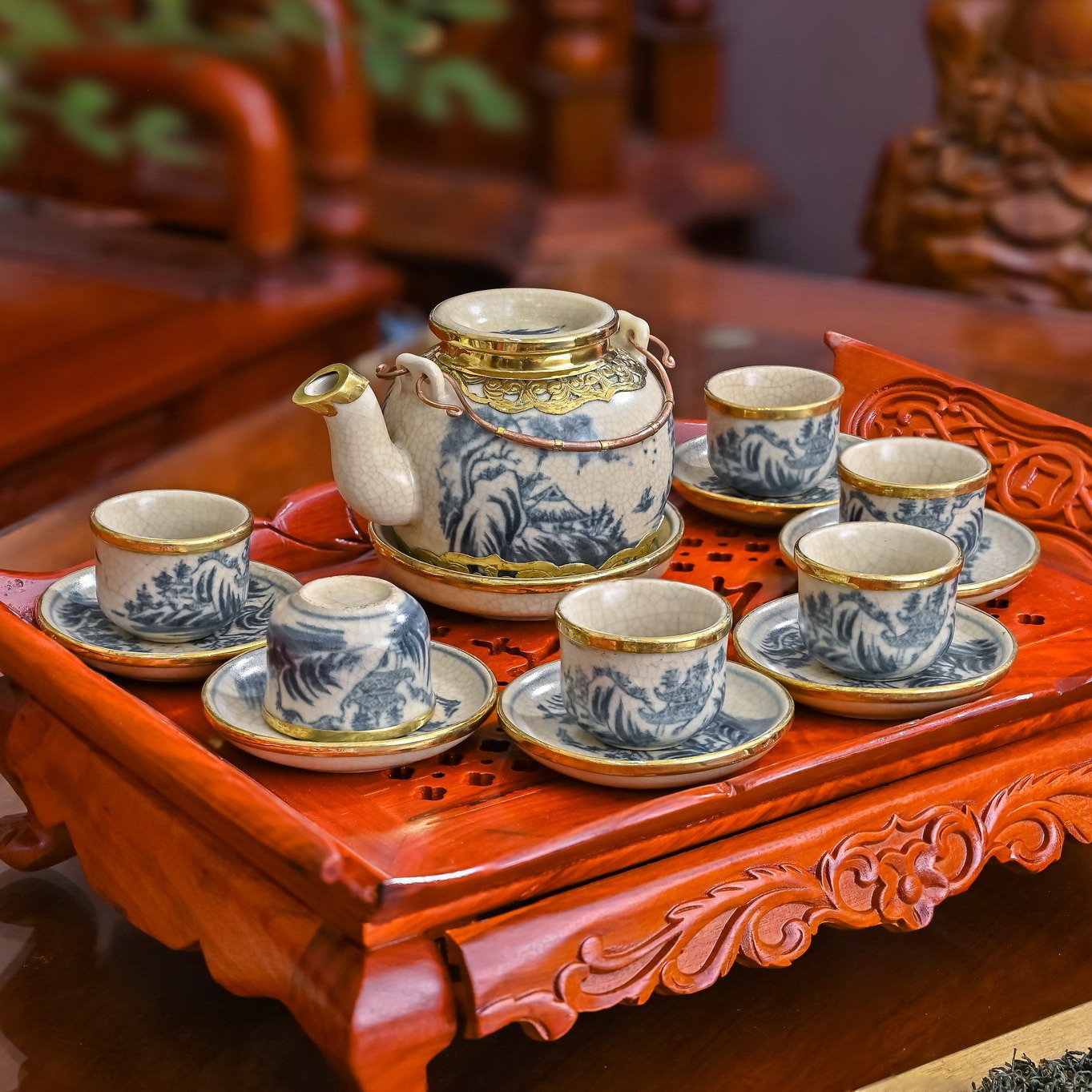 Bộ trà 13 món, men rạn Bát Tràng, bọc đồng