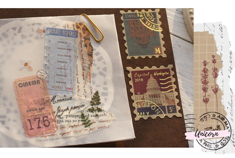 set 40 sticker phong cách vintage - hình con tem bronzing sticker