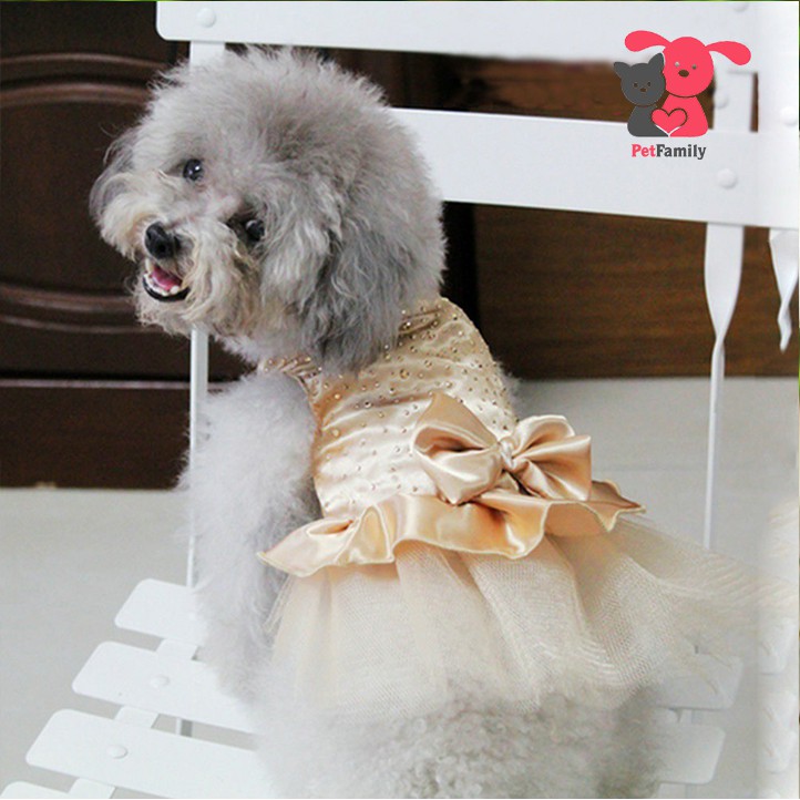 Đầm Lụa Xòe Đính Nơ Và Hạt Cườm Cho Thú Cưng Chó Mèo