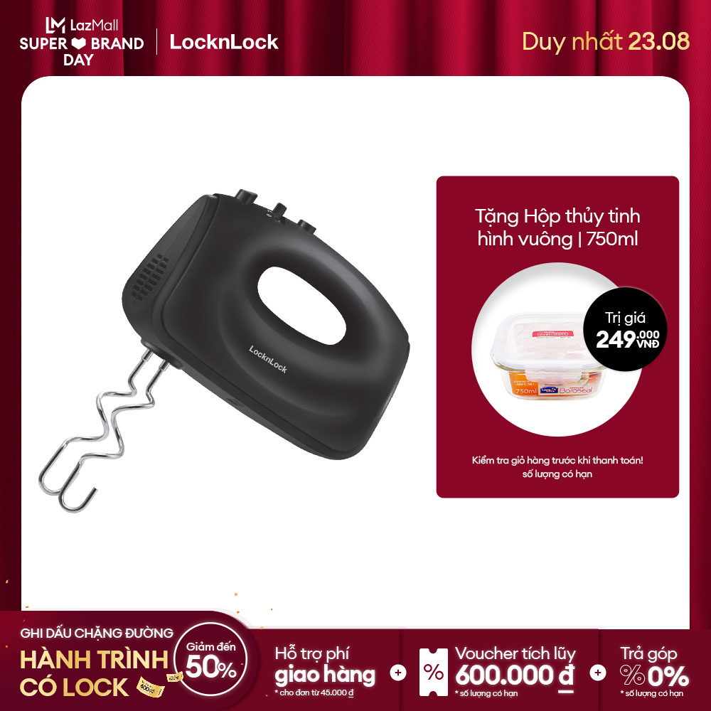 [Duy nhất 23.8 - Mua ngay] Máy đánh trứng Lock&Lock EJM501DGRY - 5 mức tốc độ, cầm tay gọn nhẹ, 1 bộ que đánh trứng, 1 bộ que nhào bột chính hãng bảo hành 2 năm
