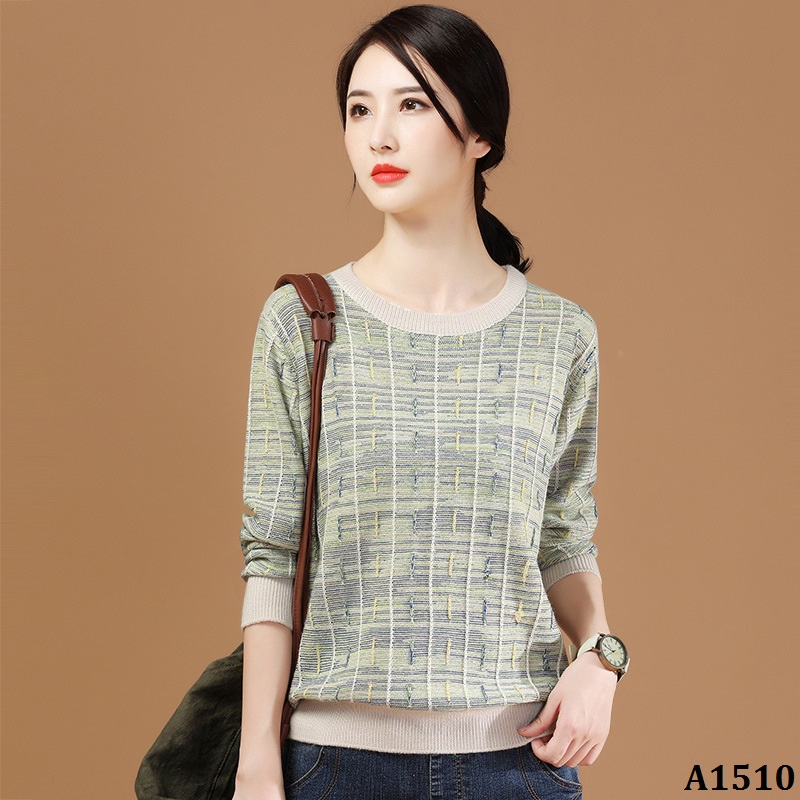 [HCM]A1510-Áo Len Dài Tay Cổ Tròn Sọc Nổi