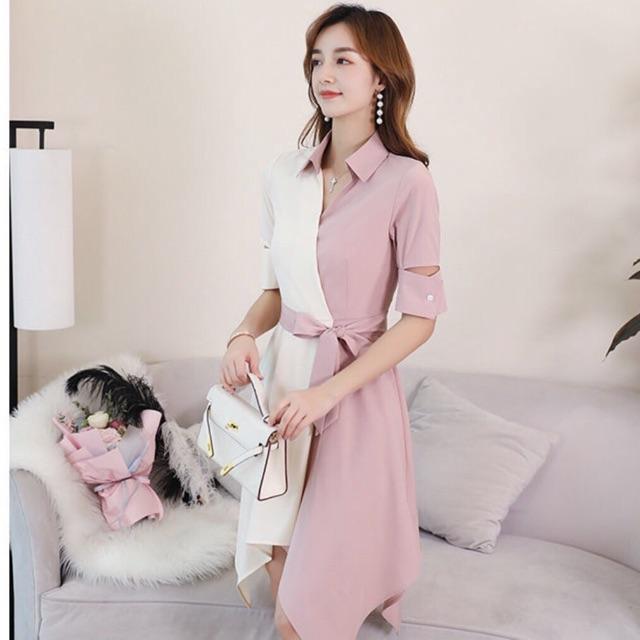 [HCM]Đầm SM Hồng Vạt Chéo Phối Trắng (kèm hình thật)