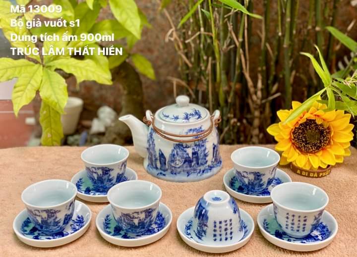 Bộ ấm chén men lam cổ Bát Tràng