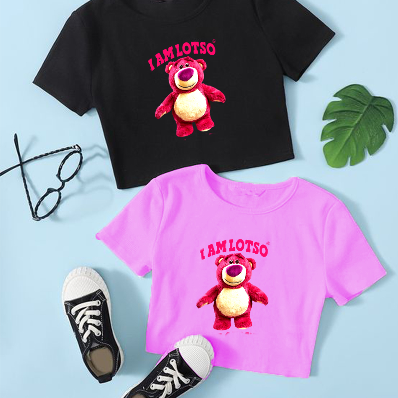 Áo croptop cộc tay cho bé gái hình gấu dâu cực xinh dáng cực yêu áo croptop áo bé gái
